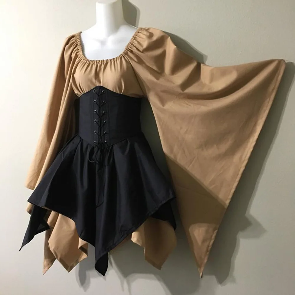 

Women Halloween Cosplay Costume Renaissance Vintage Palace Medieval Full Sleeve Waist Bandage Ptachwork Party Dress