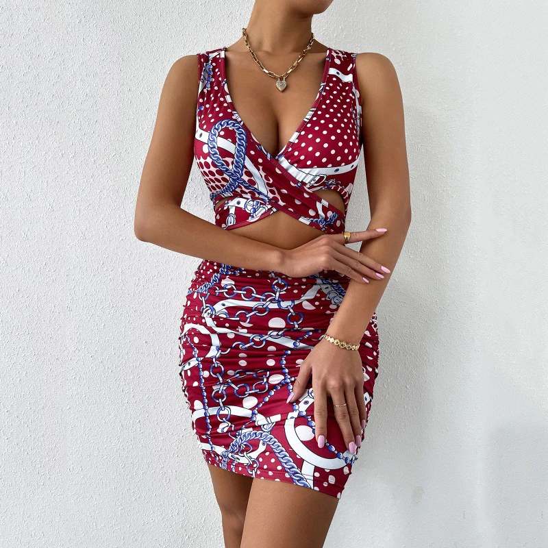 

2023 Summer New Dress Women Print Deep V-neck Sleeveless Package Hip Hollow Out Fashion Elegant Sexy Dress Female Clothing