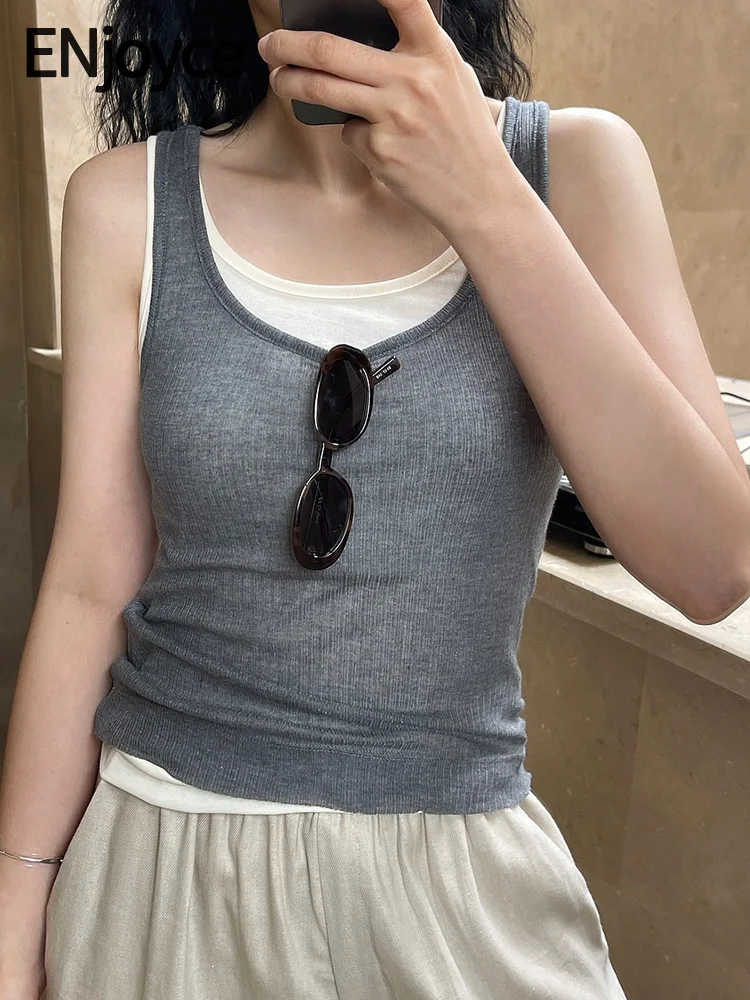 

ENjoyce Summer Women Simple Contrast Color Panel Tank Tops Ladies Strap Elastic Two Pieces Sleeveless Suspender Cropped Vest
