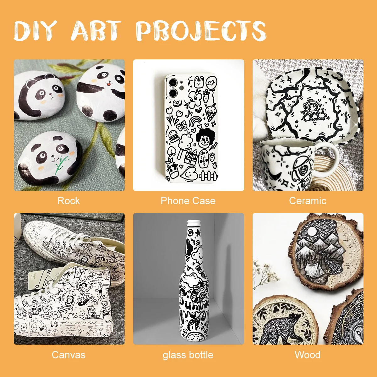 Arrtx 검정색 아크릴 페인트 펜 8팩 브러시 및 락 페인팅 드로잉, 목재, 낙서, 캔버스용 미세 팁 페인트 마커