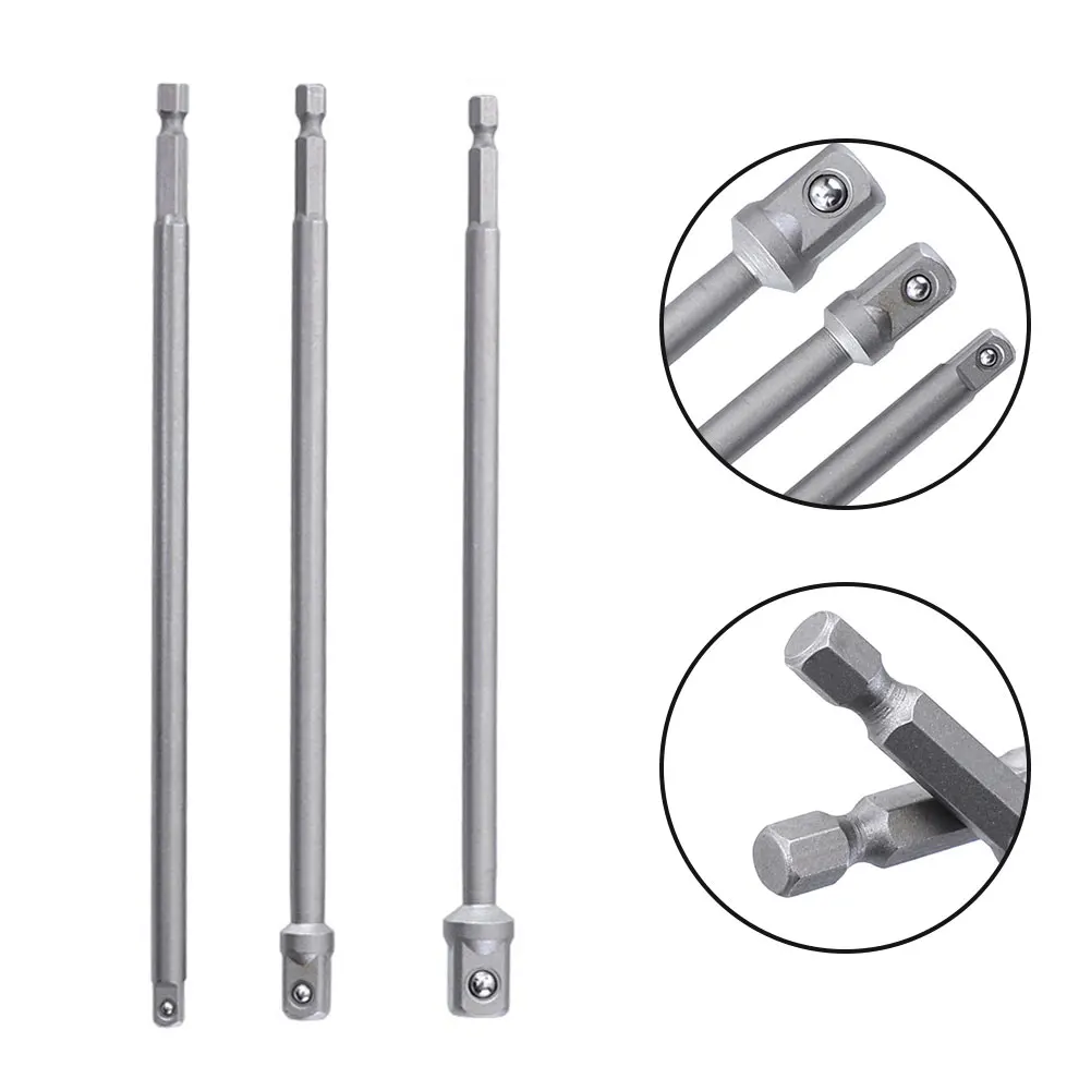 3-tlg. Adapter-Set: Sechskant Auf Vierkant, 150 Mm, CR-V Stahl - Für Elektroschrauber Und Steckschlüssel