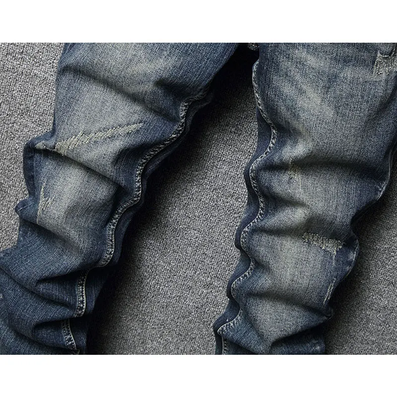 Street Fashion Men Jeans Retro Washed Blue Stretch Slim Fit Ripped Jeans Men Italian Style Vintage Designer Denim Pants Hombre