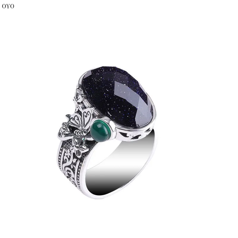 

100%S925 Sterling Silver Jewelry vintage Ladies cut face opening Blue Sandstone Ring