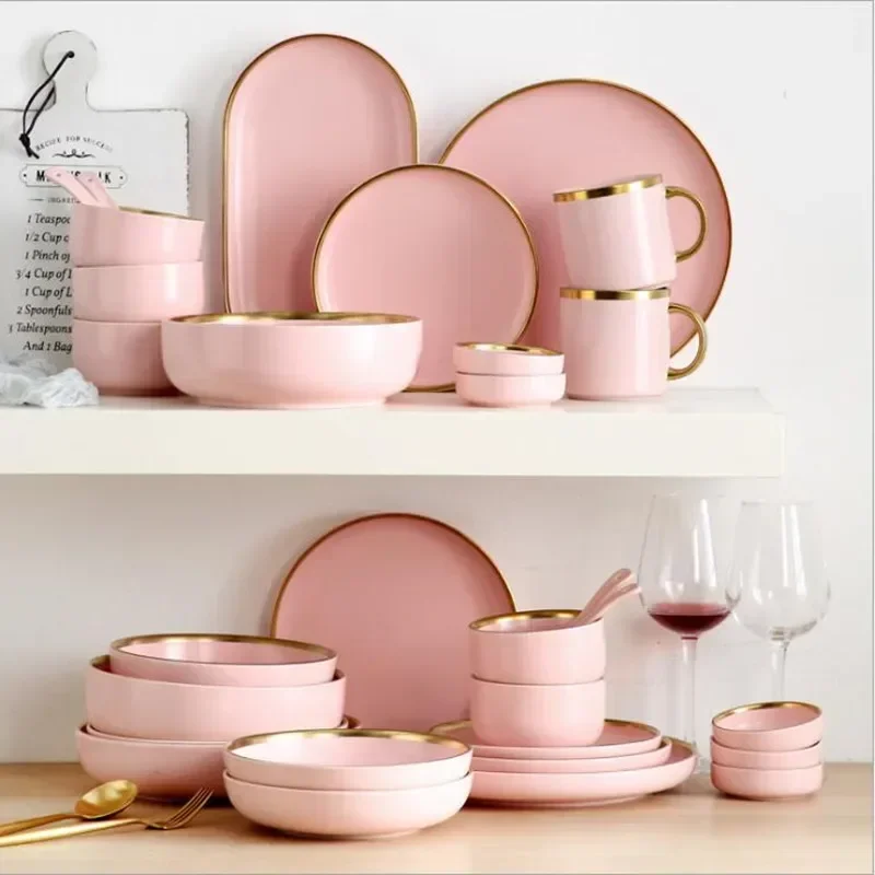 Gilt Rim Pink Dinner Porcelain Plate Set Plate Kitchen Ceramic Tableware Dishes Food Rice Salad Bowl Noodles Mug Cutlery Set 1pc