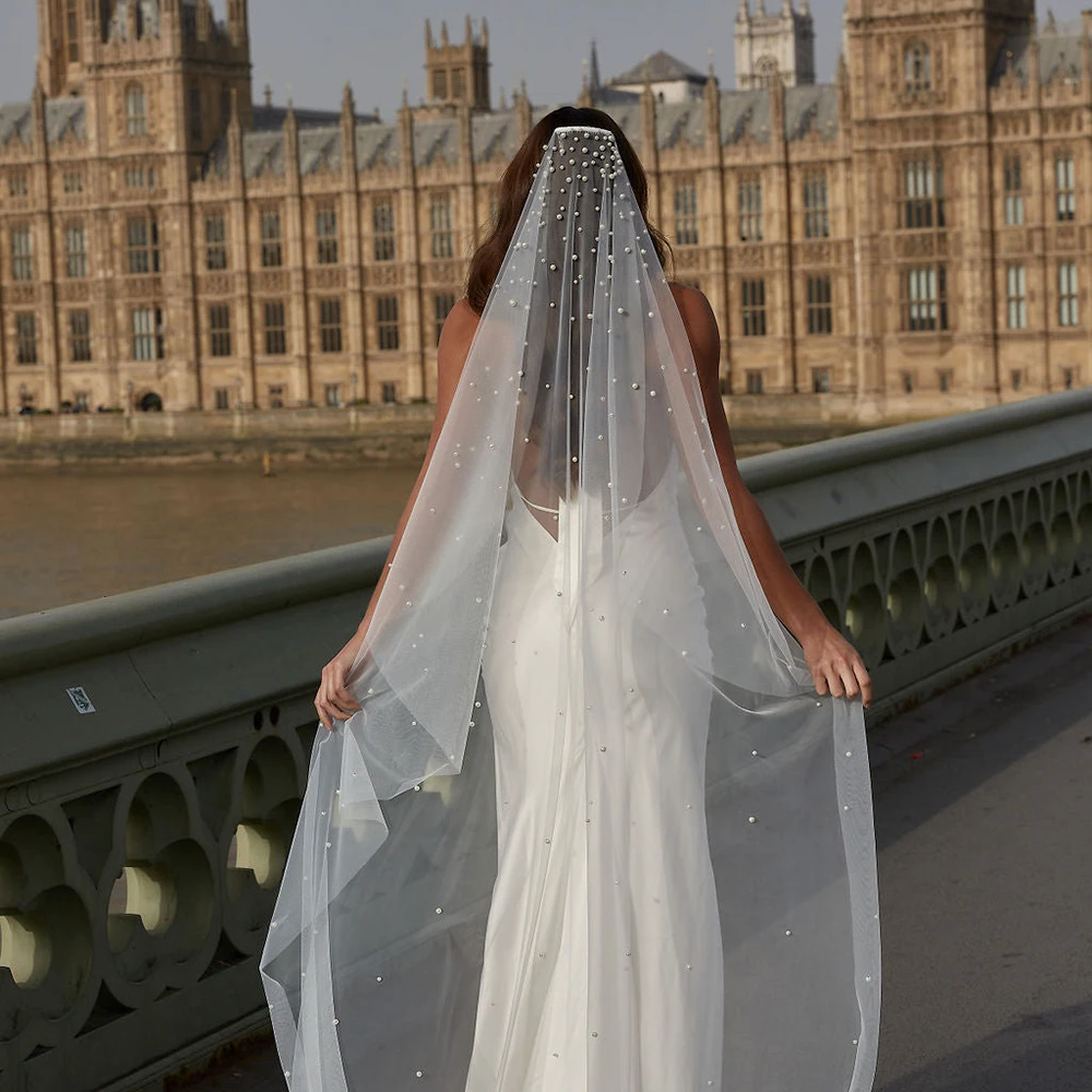 Wedding Veil Pearls Beaded Bridal Veils 1 Tier Soft Tull VP130 Waltz Splendour Pearls Nail Pretty Wedding Accessories