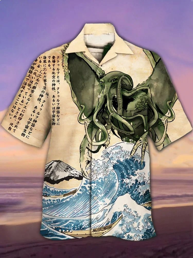 Black Gradient Mythical Beast Dragon Totem Printing Short Sleeve Shirt Short-sleeved Floral Shirt 2024 Casual Loose Shirt 3