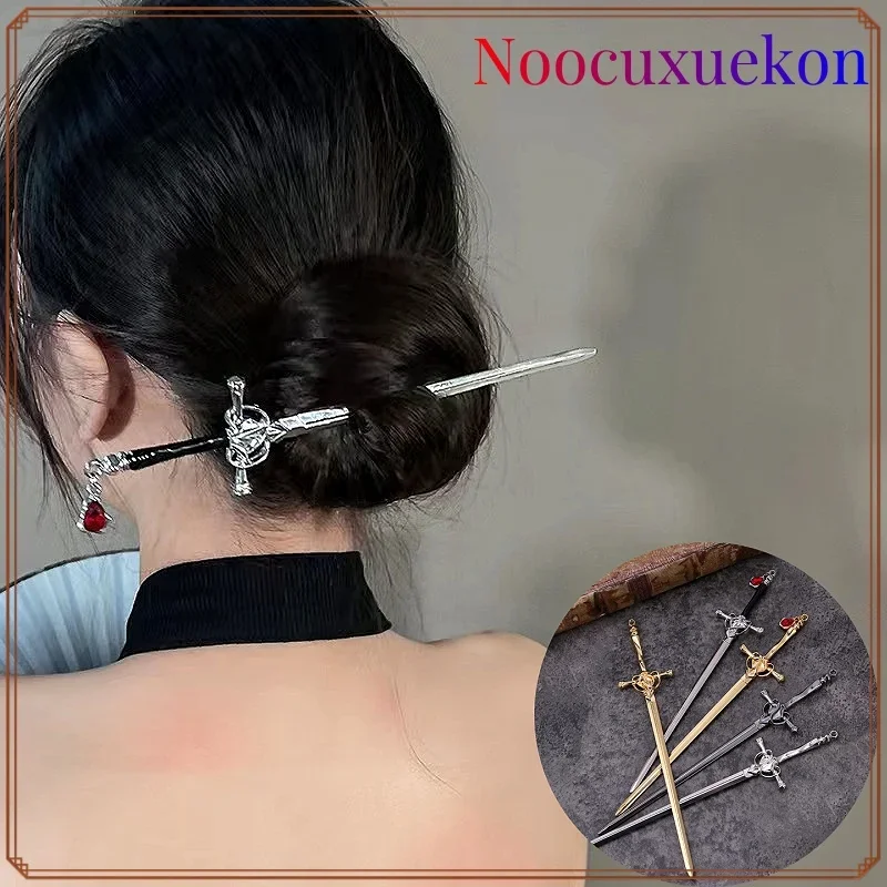 Hair Stick Vintage Ruby Pendant Sword Hairpin Headdress Chinese Style Ponytail Holder Retro Simple Hair Accessories