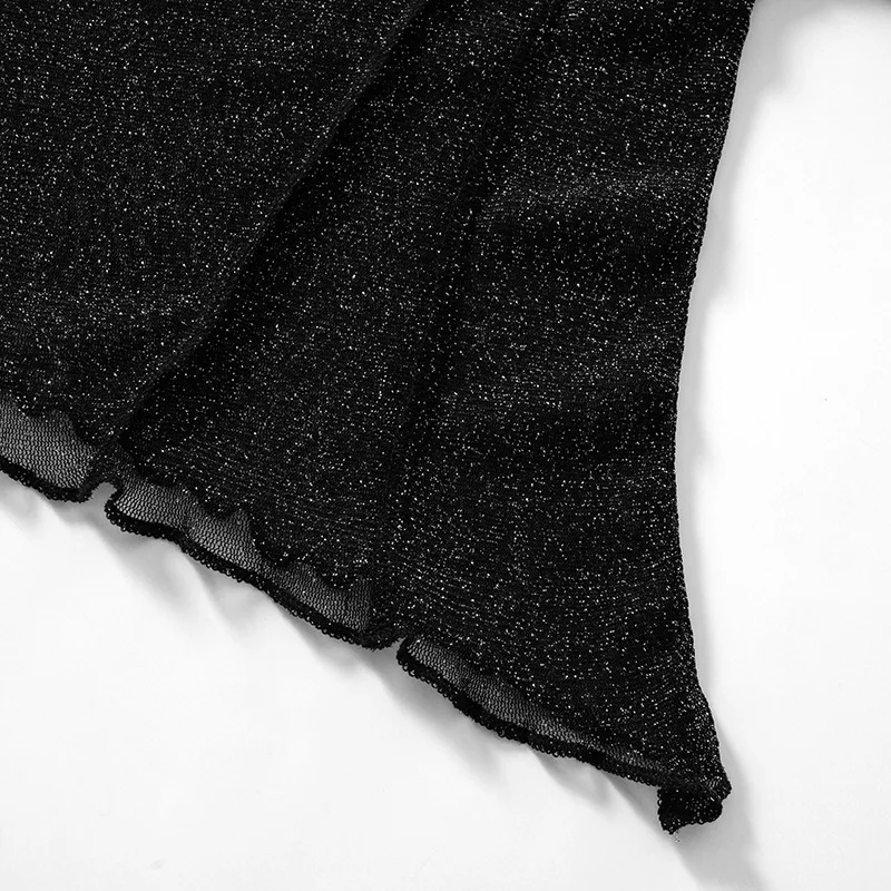 Top corto de un solo hombro con purpurina negra transparente, ajustado, liso, para mujer, top sexy de malla Y2K para fiesta, verano 2025