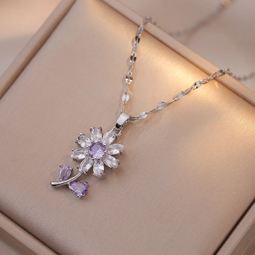 bridal jewelry sets Ins Plant Sunflower Stud Earrings Pendants Silver Gold Color Chains Necklaces Women Purple Zircon Collar Jewelry Sets Gifts