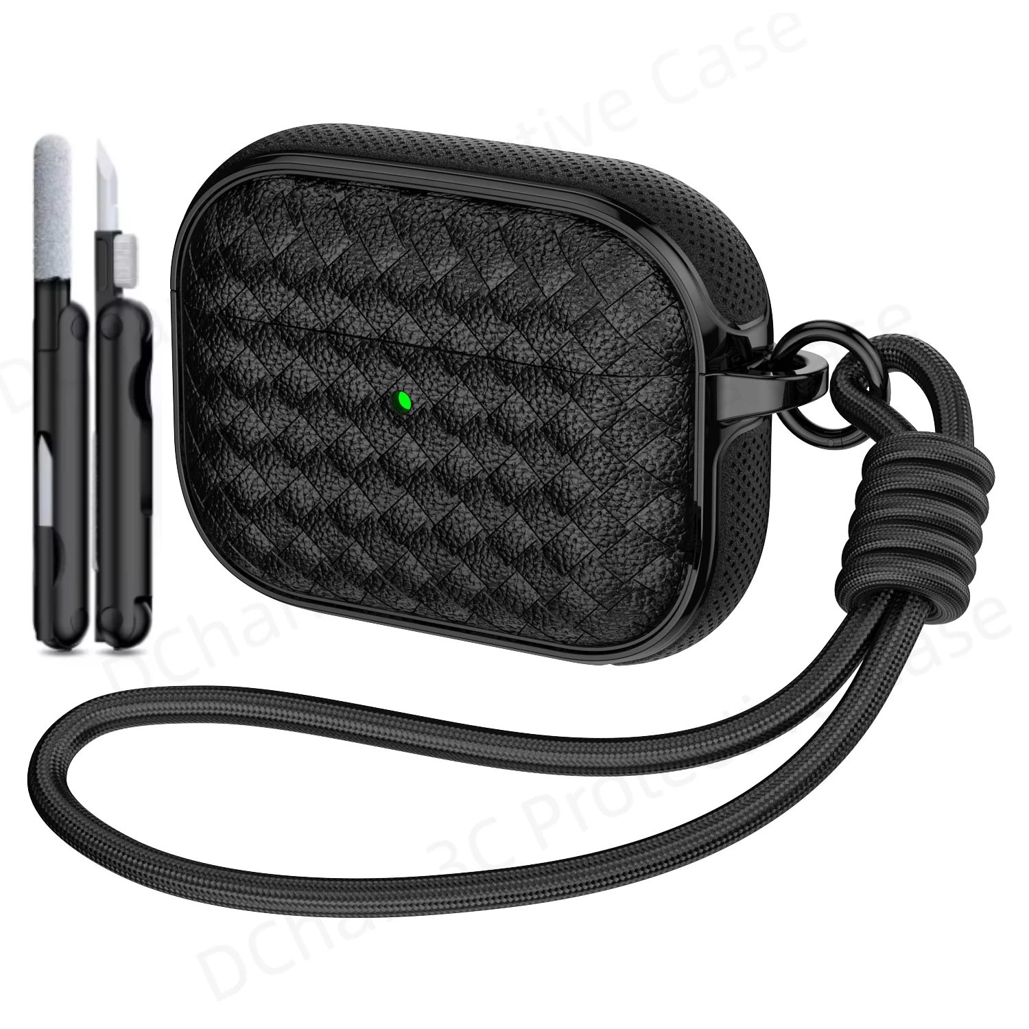 Woven Leather Texture Headphone Case with Lanyard, Non-Slip Earbuds Holder