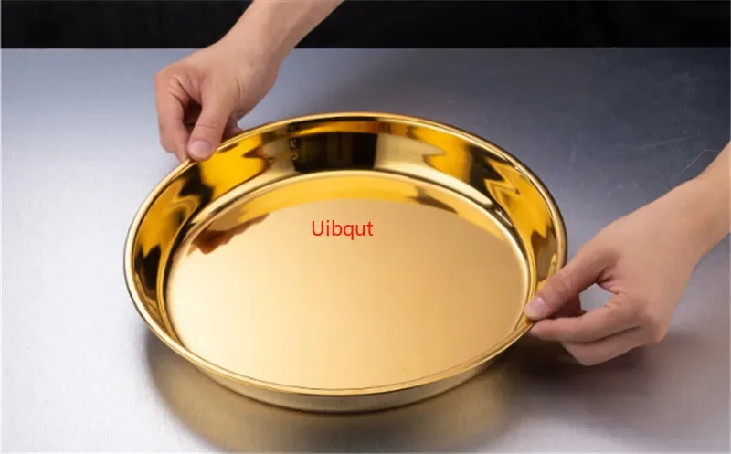 Gold stainless steel big round Serving Tray Plate steak Dish Dinner BBQ Grill Meat
