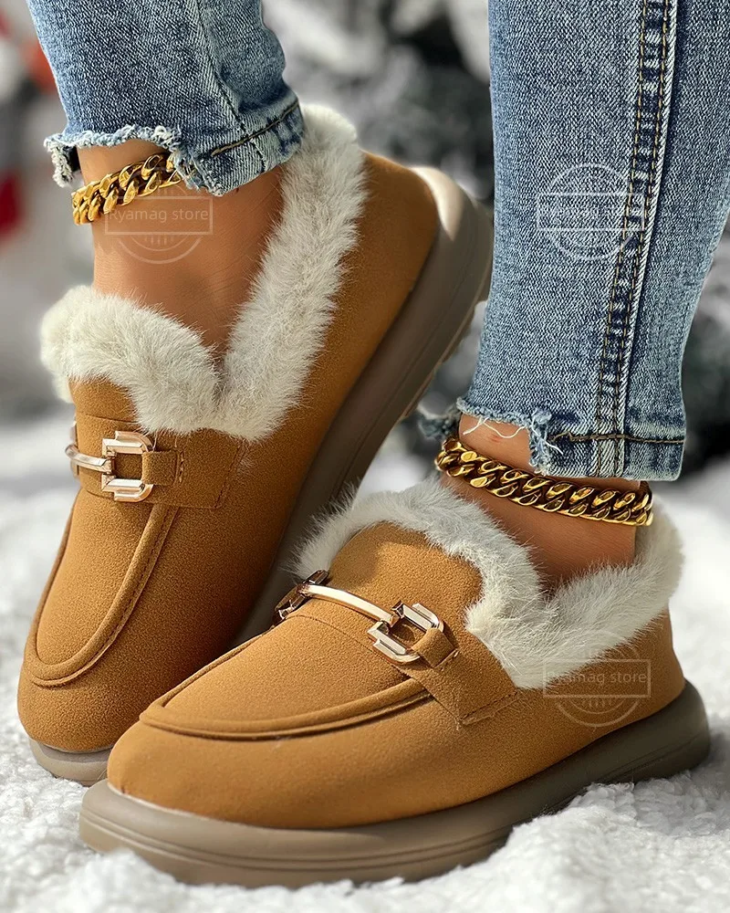 Snow Boots Women's Fuzzy Detail Winter Lined Shoes Woman Flats Round Toe Sneakers Slip-on Loafers Fur Winter Retro Slip on New