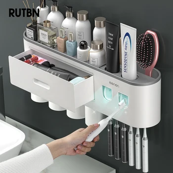 Magnetic Adsorption Inverted Toothbrush Holder Double Automatic Toothpaste Squeezer Dispenser Storage Rack Bathroom Accessories 1