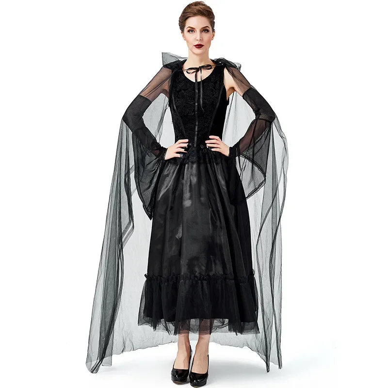 

Queen Halloween Black Gothic Witch Costume for Adult Women Carnival Fantasia Witch Cosplay Game Role Party Funny Dress Witch