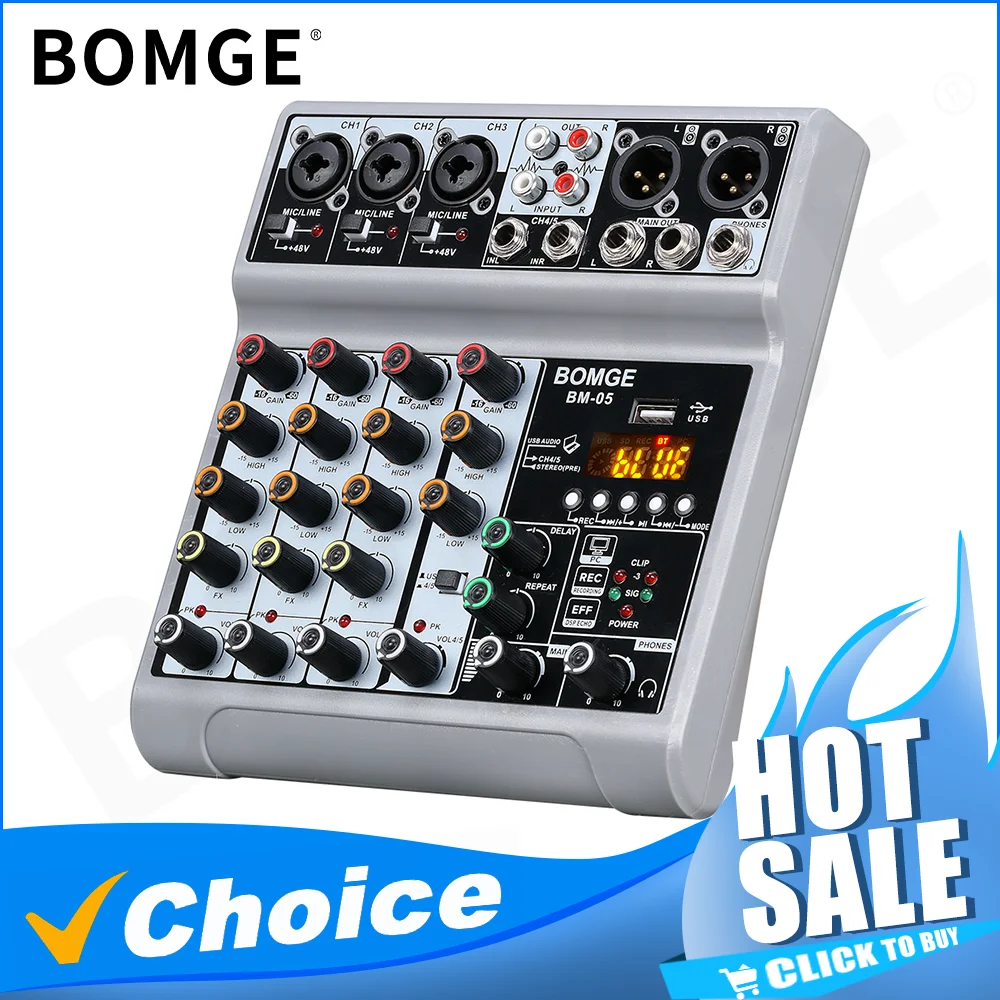 5 Channel Digital Audio Mixer Board Mixing Console interface with USB BT Echo Delay Effect 48V for Recording DJ