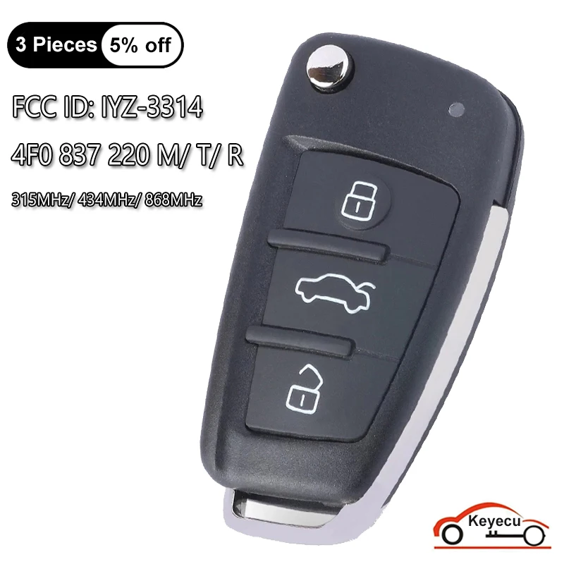 

KEYECU Remote Car Key Fob Control FSK 315MHz/434MHz/868MHz 8E Chip for Audi A6 S6 Q7 2004-2015 FCCID: IYZ 3314 P/N: 4F0837220R