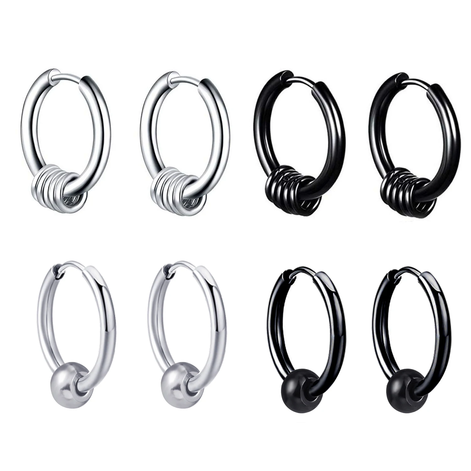 2/8pcs Classic Stainless Steel Hoop Earrings for Men Women Small Circle Ball Anti-allergic Ear Buckle Punk Rock Hip Hop Jewelry 5