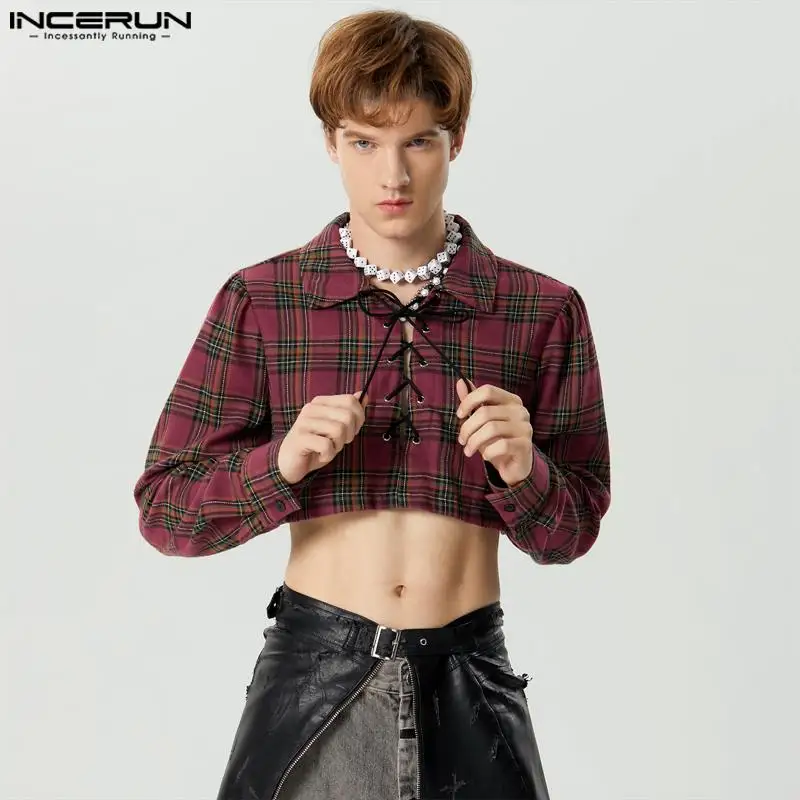 

Повседневные стильные топы INCERUN, новые мужские клетчатые укороченные рубашки с завязками, Мужская блузка с длинным рукавом
