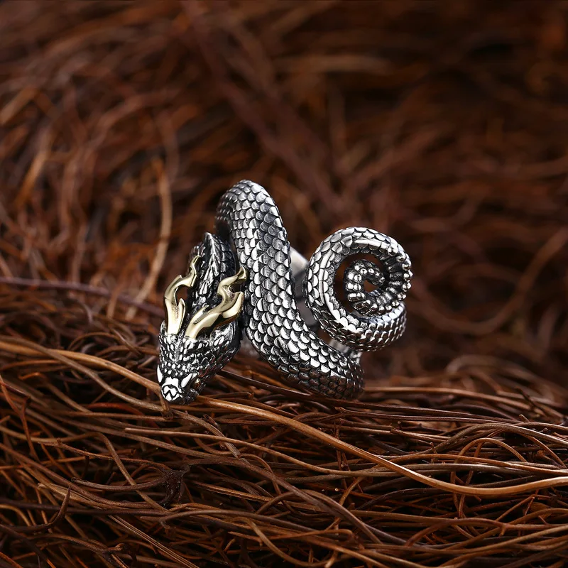 Vintage Charm Horned Snake Ring For Man Woman Aesthetic Punk Viking Myth Snake Dragon Open Ring Cool Trend 2023 New Gift Jewely