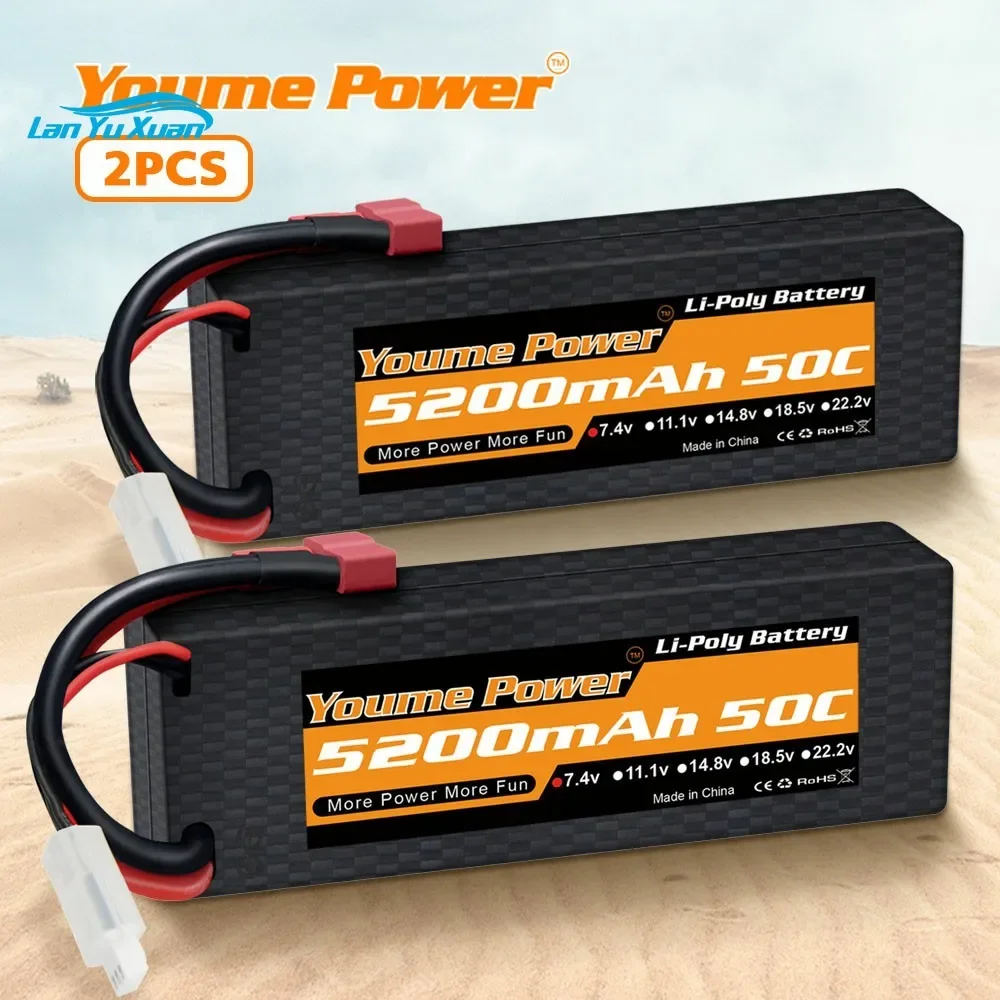 Pack De 2 Baterías LiPo De 7,4 V 5200 MAh 50C Con Conector XT60 Y Estuche Rígido - Compatible Con Coches RC 1/8 Y 1/10, Camiones, Helicópteros, Aviones Y Barcos