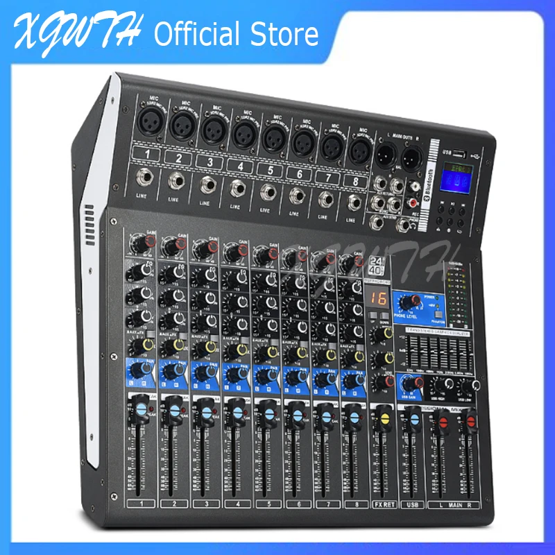 8 채널 디지털 믹서 사운드 오디오 믹싱 콘솔, 24 DSP 디지털 효과, 블루투스 USB MP3 DJ 잔향 콘솔