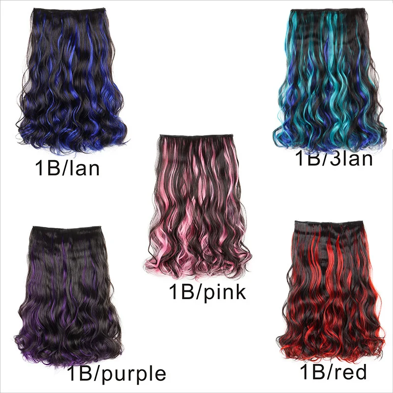 Synthetic 5Clip in Hair Curly Extension 18 Inch Curly Black Mix Blue Highlights Thick Hairpieces Fiber Hair for Women