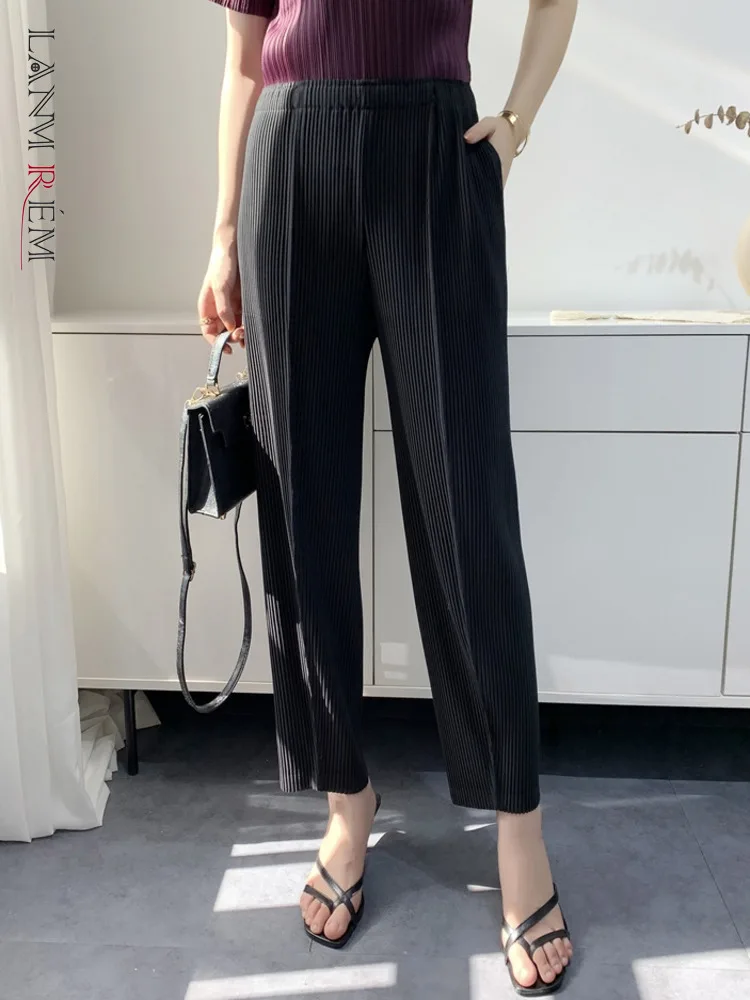 

LANMREM повседневные плиссированные женские брюки с эластичной высокой талией, тонкие однотонные плотные брюки, мода 2023, зимняя новая одежда 2AA3669