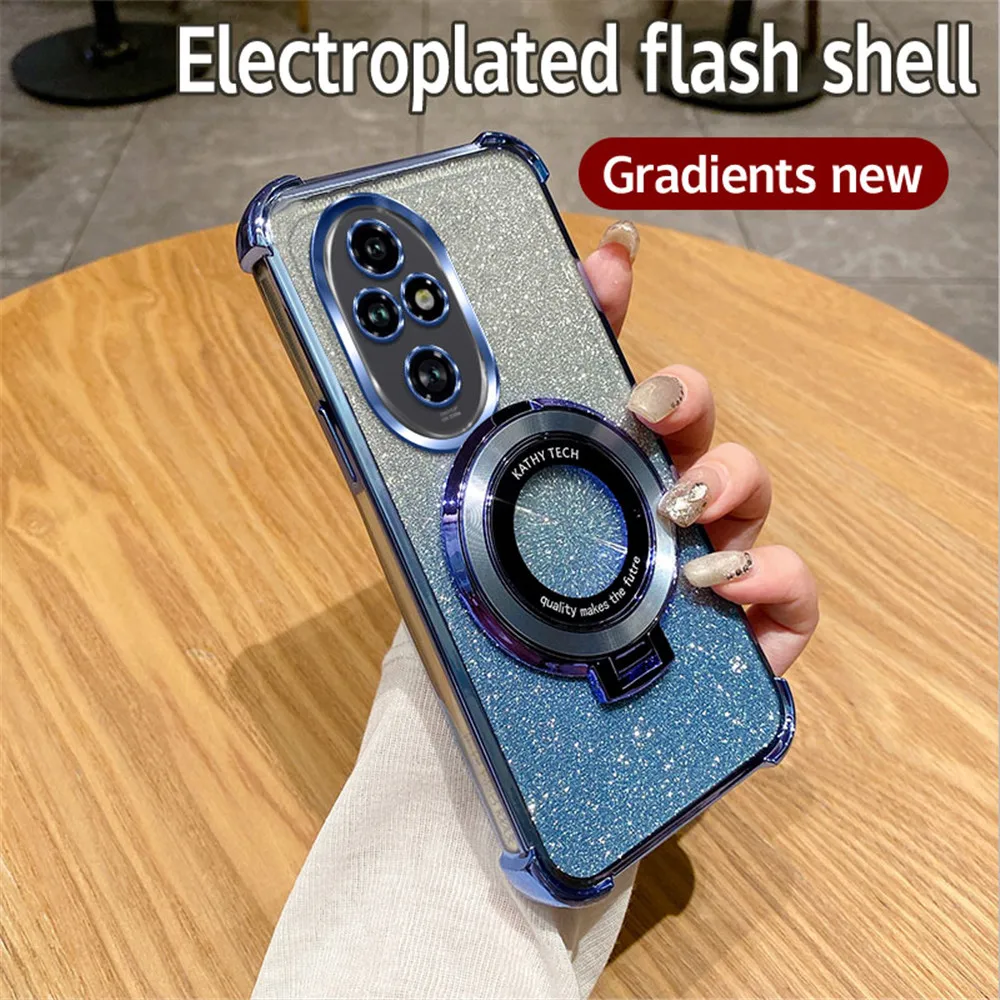 Glitter Shockproof Plating Phone Case with Bracket and Soft Stand Cover