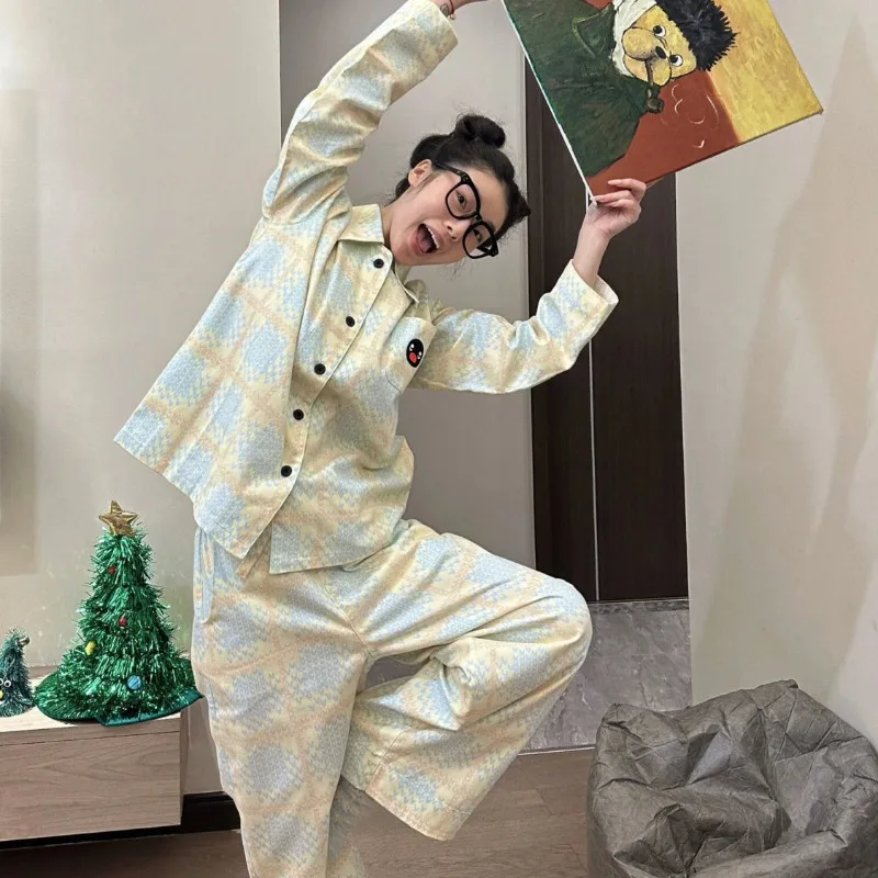 Korean Version Printed Pajamas Women Spring Long Sleeve Pyjamas 2024 New Relaxed Leisure Home Wear Set Plaid Lapel Nightdress