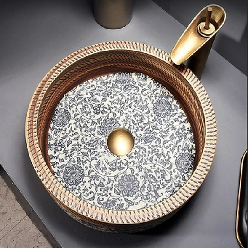 อ่างล้างหน้าเซรามิกแบบย้อนยุคเหนือเคาน์เตอร์อ่างซิงค์ห้องน้ำพร้อมก๊อกน้ำทรงกลม41ซม. 1