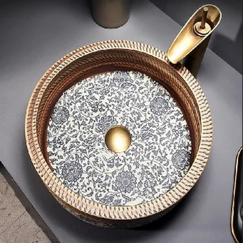 อ่างล้างหน้าเซรามิกแบบย้อนยุคเหนือเคาน์เตอร์อ่างซิงค์ห้องน้ำพร้อมก๊อกน้ำทรงกลม41ซม. 1