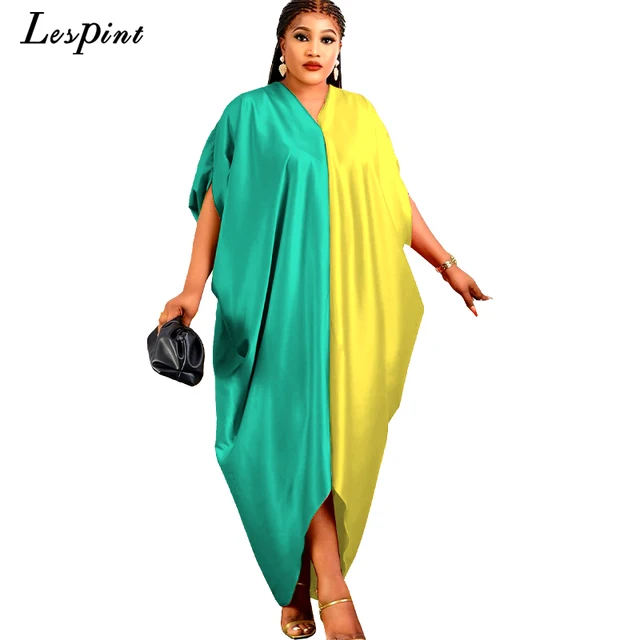 New Muslim Dresses For Women 2022 Stitching Color African Maxi Robe V-neck Print Short Sleeve Novelty Dress Kanga Clothing Bouou DR-801-3