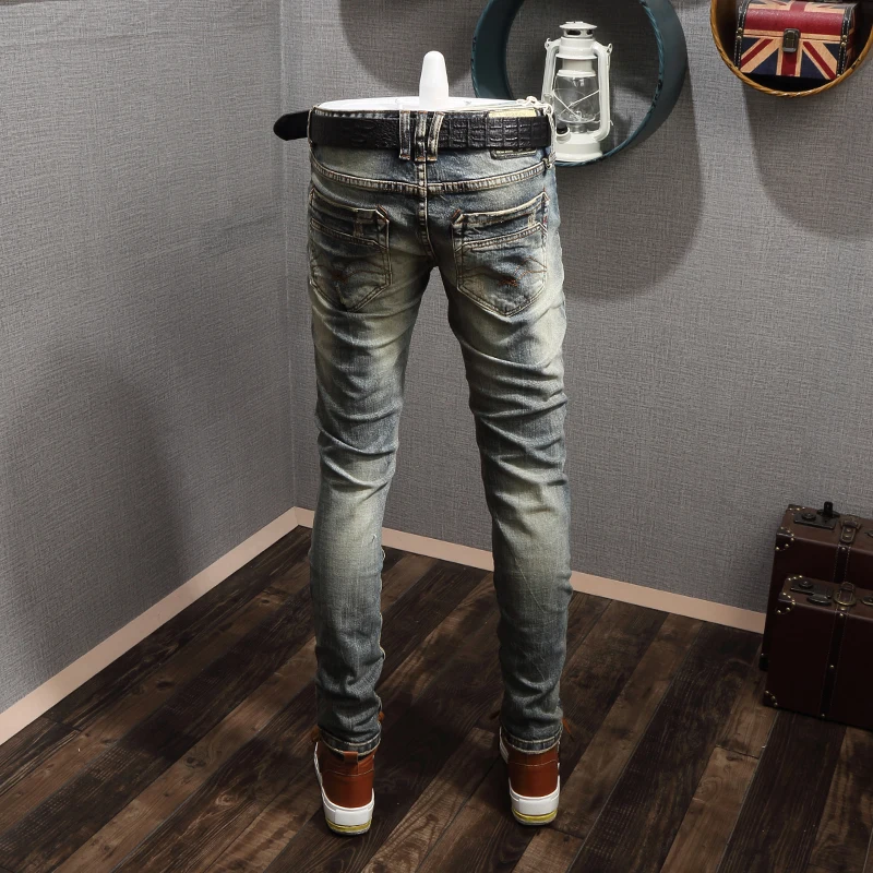 Newly Designer Fashion Men Jeans Retro Washed Elastic Slim Fit Ripped Jeans Men Italian Style Vintage Casual Denim Pants Hombre