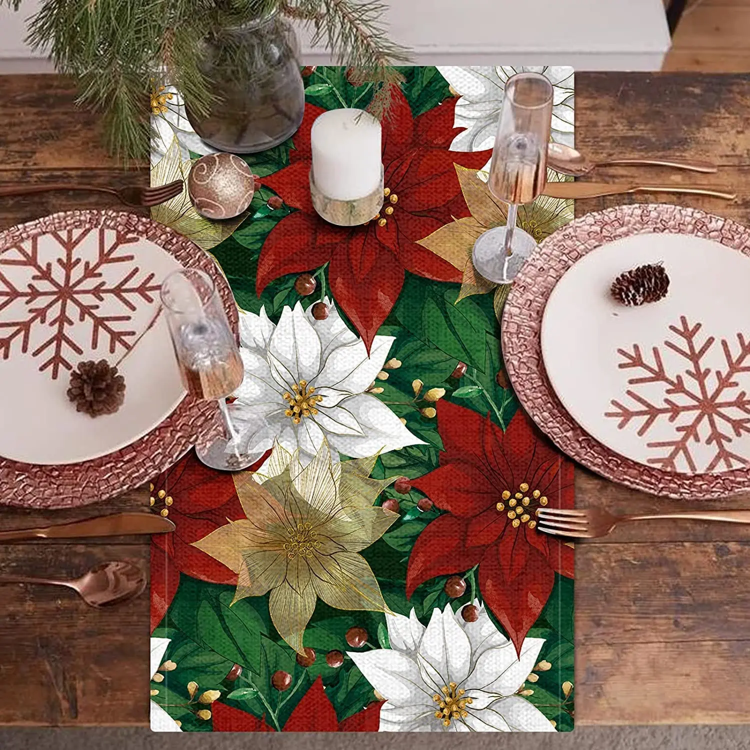 Christmas Poinsettia  Table Runner Linen   Fake Kitchen Dining Decor for Indoor Outdoor Home Wedding Party