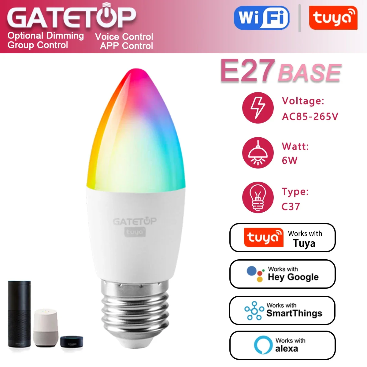 

Tuya Rgb Bulb 6W Smart C37 E27 Light Dimmable Wifi Led Magic Lamp AC 110V 85V-265V Work With Alexa Google Home