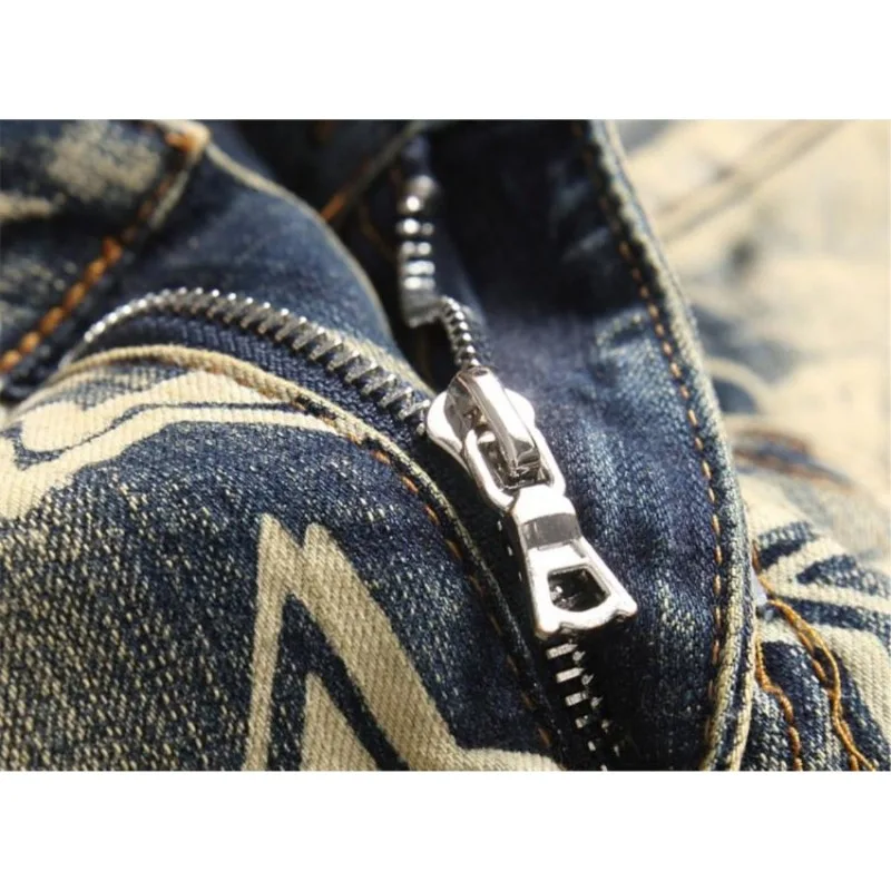 Men's Clothing Retro Nostalgic Knee Ripped Print Jeans Trendy Elastic Slim Fit Small Feet Baggy Jeans