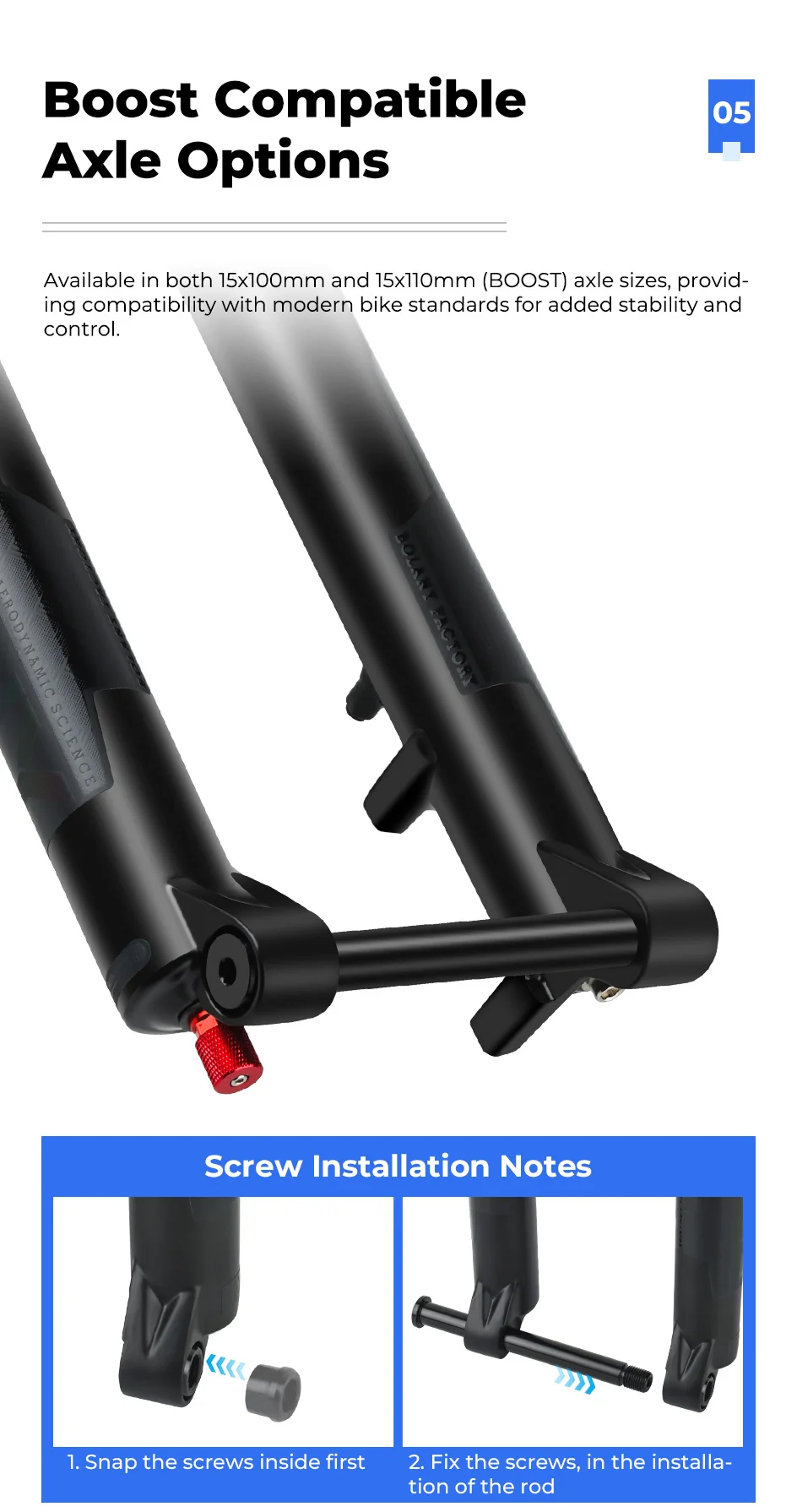 BOLANY BOOST Fahrrad-Luftgabel, 26/27,5/29 Zoll, MTB-Luftgabel, 15 x 110 mm, 34 mm Rohr, 15 x 100 mm Steckachse, Federgabel, 120/140 mm, Federweg – Detail 9