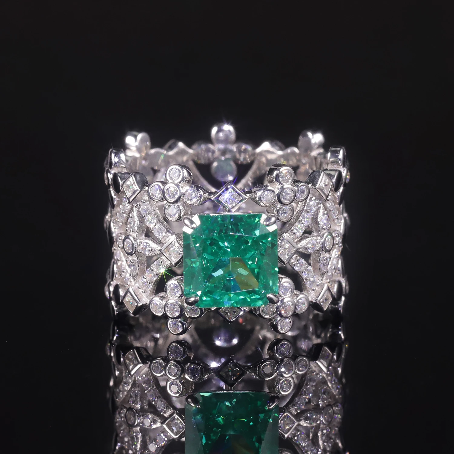 

GEM'S BALLET Cut 8*8mm Paraiba Green Crushed Ice Diamond Sterling Silver Diamond Fire CZ Miligrain Ring Antique Handmade Jewelry