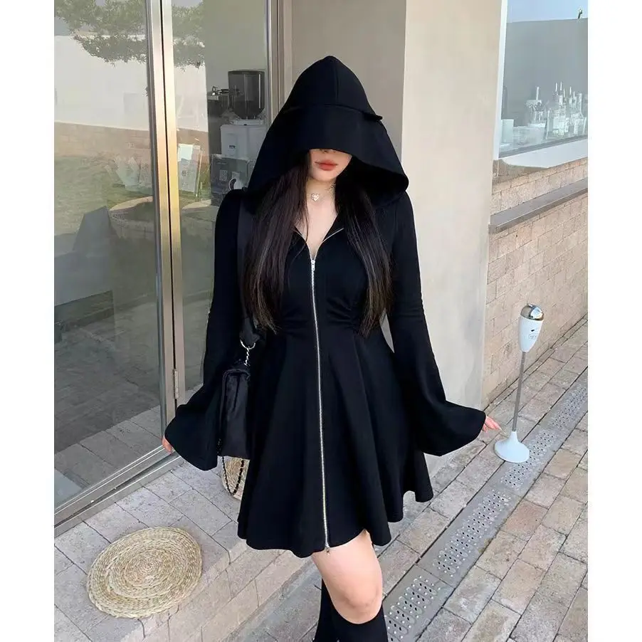 Black Dresses Women Hooded Loose M-4XL Zipper A-line Cat-ear