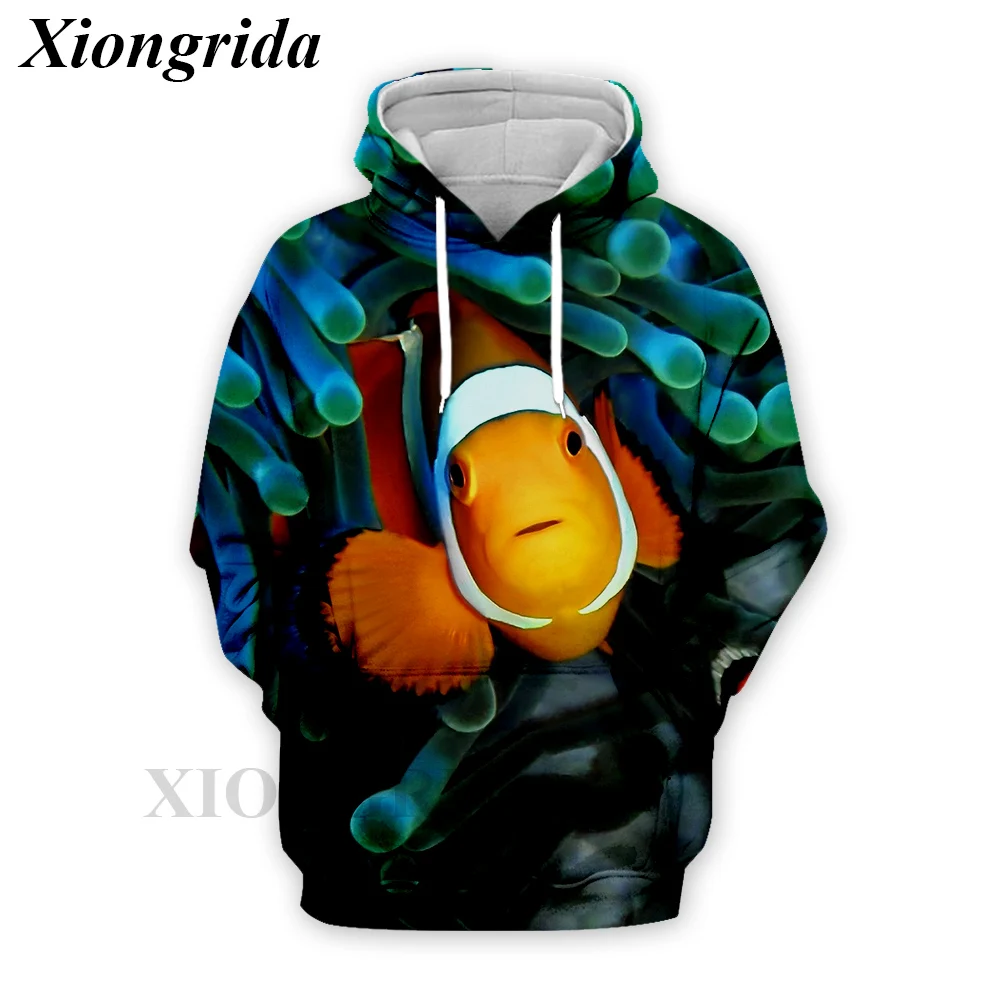 Fashion Fish Print Hoodies Men Casual Long Sleeve Tropical Fish All Over Print Sweatshirts Harajuku Unisex Sports Hood Top