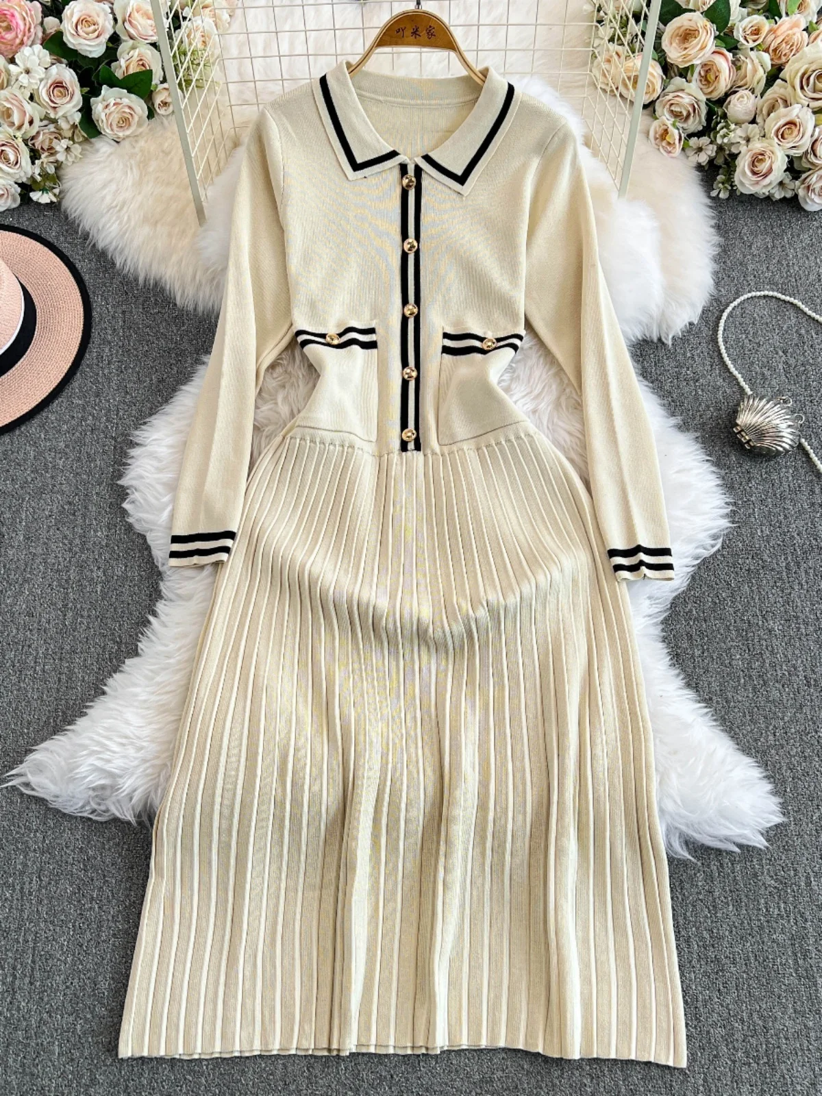 French Style Knitted Floral Plaid Dress