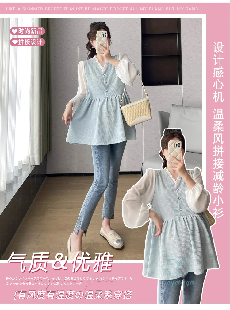 Maternity Tops V Neck Patchwork Blouses for Pregnant Women