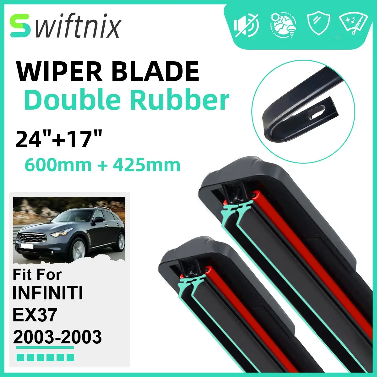 

Двойные резиновые автомобильные дворники для INFINITI EX37 2003-2003, стеклоочистители переднего ветрового стекла, резиновые автомобильные аксессуары 2003