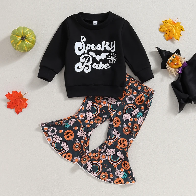 

Halloween 6M-4Y Kid Girls Pants Set Letters Print Sweatshirt with Rainbow Pumpkin Print Flare Pants Clothes Sets