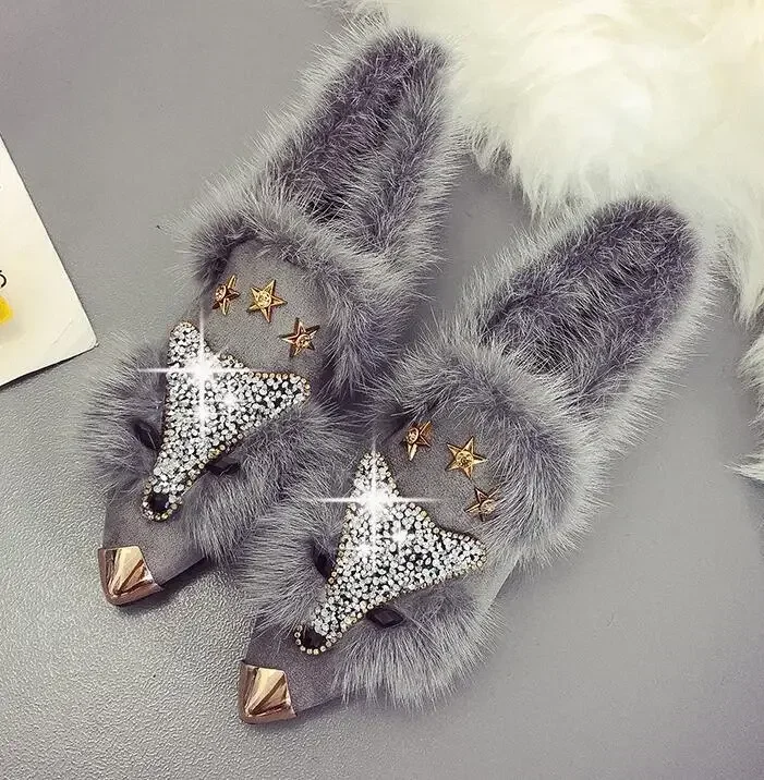 Crystal Fox Pattern Winter Flat Loafers Women Metal Pointed Toe Glitter Fur Moccasins Brand Design Ballet Flats Ladies Shoes women shoes