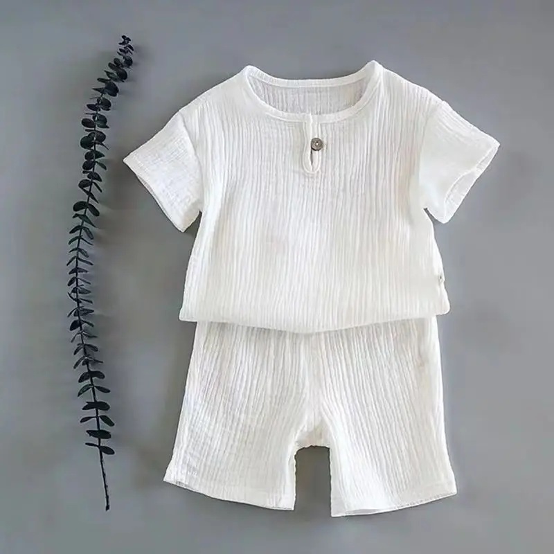 Cotton Linen Muslin Kids Clothes Girls Outfit Summer Boy Clothing Sets Solid Short Sleeve Tops Shorts Children Clothing 2-7Years