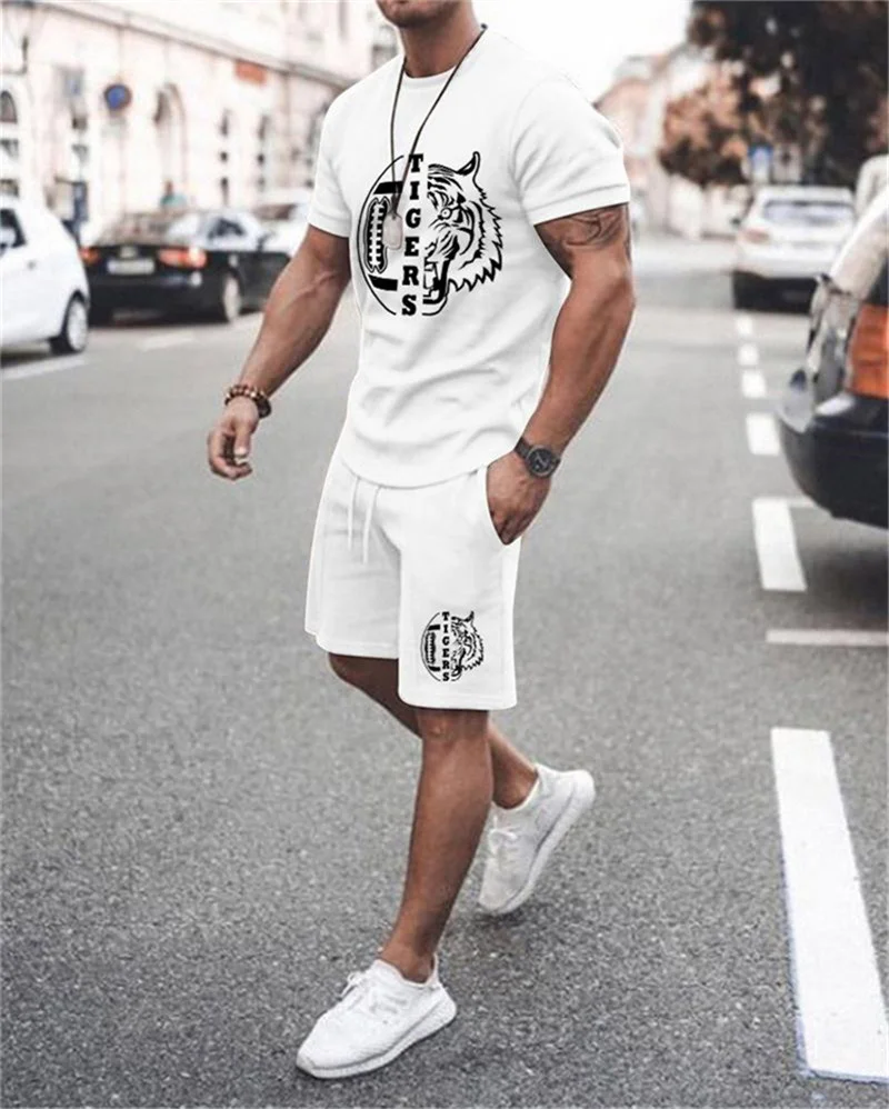 Summer New Men's T-Shirt + Shorts 2-Piece Set Of Crown King 3D Printing Oversized Casual Street Harajuku Hip-Hop Retro Round Nec