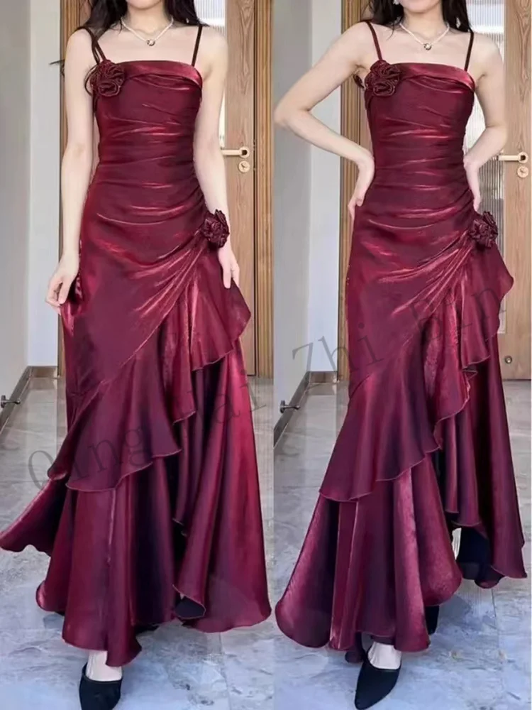 

S2803 Burgundy Spaghetti Straps Organza Women Evening Dresses/Pleats Birthday Party Prom Gowns Free Shipping
