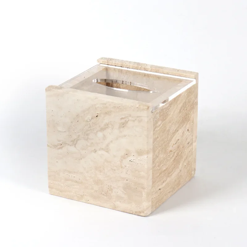 Rectangle and Square Natural Marble Tissue Box Vintage Beige Travertine Stone Storage Organization Case 4
