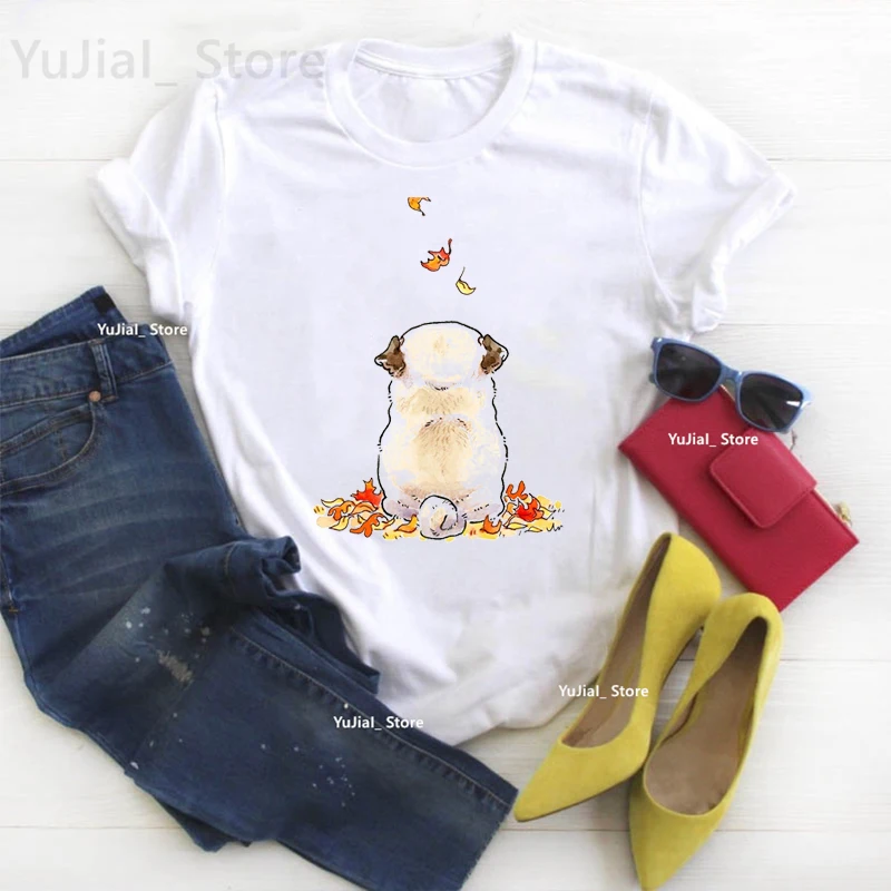 Mops Liebe Herbst Tier Gedruckt T Shirt Mädchen Harajuku Kawaii Hund T-shirt Frauen Sommer Mode T-Shirt Weibliche Streetwear – Detail 3